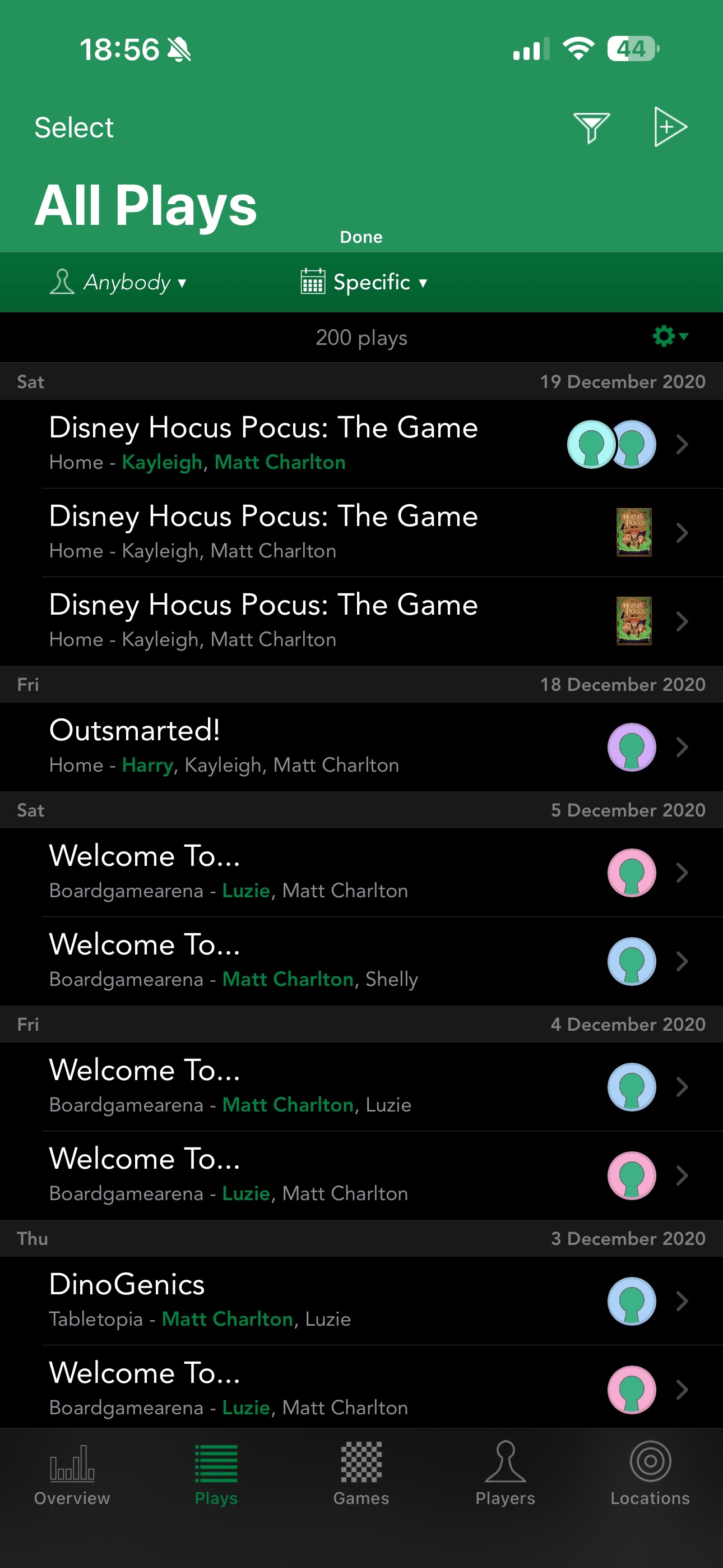 A summary of games played in 2020